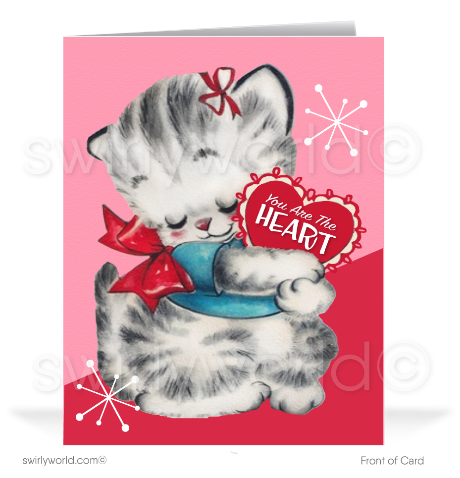 Charming 1940s-1950s Vintage-Inspired Valentine's Day Cards: Adorable  Kitten with Hearts