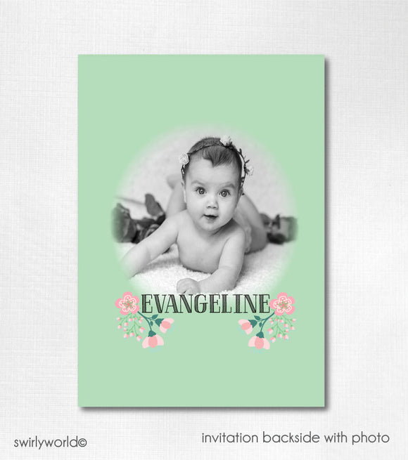 Digital Girl Baptism Invitation, Vintage Baptism Invites for Girls, Mint and Peach Baptism, Photo Baptism Invite, Baptism Christening 