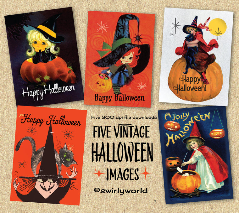 1950's Retro Vintage Halloween Greeting Card Digital Printable Download Bundle of 5 Designs!