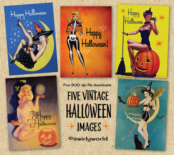 1950's Retro Vintage Halloween Greeting Card Digital Printable Download Bundle of 5 Designs!