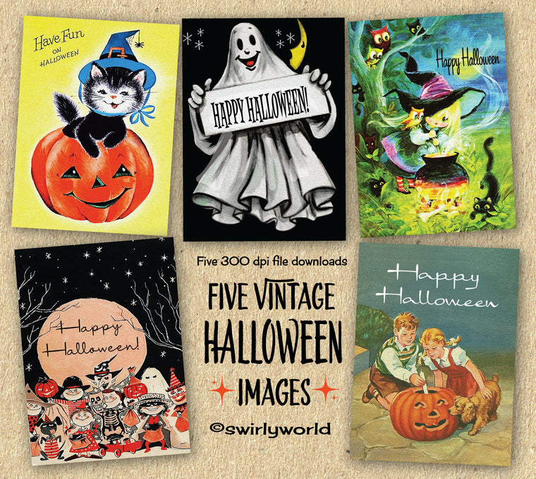 1950's Retro Vintage Halloween Greeting Card Digital Printable Download Bundle of 5 Designs!