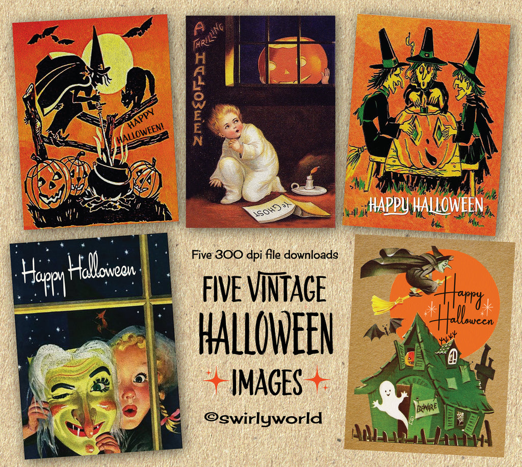 1950's Retro Vintage Halloween Greeting Card Digital Printable Download Bundle of 5 Designs!