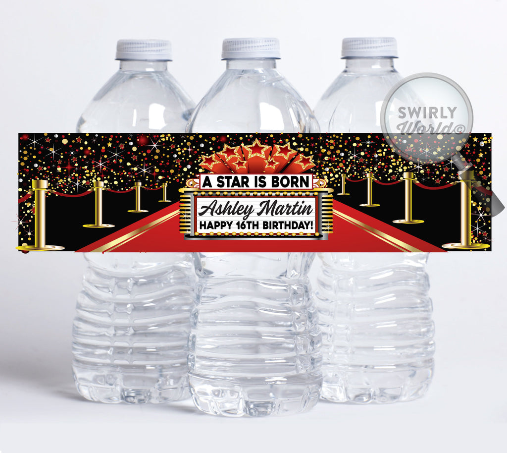 Digital Hollywood Red Carpet Theme Water Bottle Labels, Movie Star On the Red Carpet Water Bottles, VIP Red Carpet Birthday Party Favors