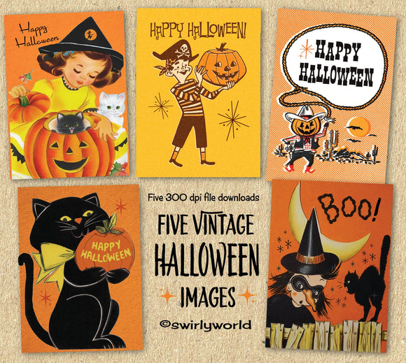 1950's Style Cowboy and Witch Retro Children's Halloween Digital Printable Download Bundle