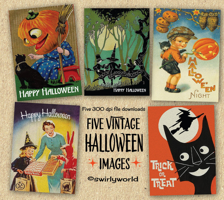 1950's Retro Vintage Halloween Greeting Card Digital Printable Download Bundle of 5 Designs!