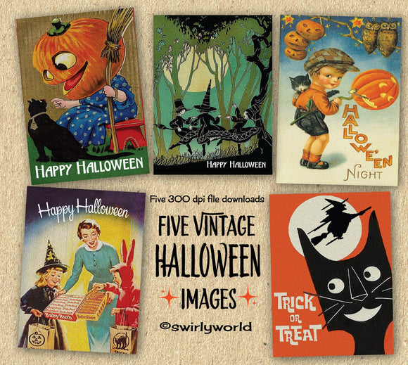 1950's Retro Vintage Halloween Greeting Card Digital Printable Download Bundle of 5 Designs!