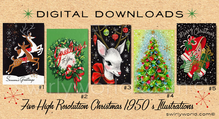 DIGITAL Vintage Christmas Card Bundle. 1950's Style Holiday Designs. Retro Vintage Fifties Style Christmas Card Designs. 1950s Santa Claus