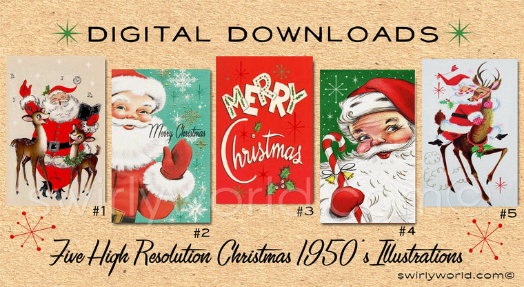 DIGITAL Vintage Christmas Card Bundle. 1950's Style Holiday Designs. Retro Vintage Fifties Style Christmas Card Designs. 1950s Santa Claus