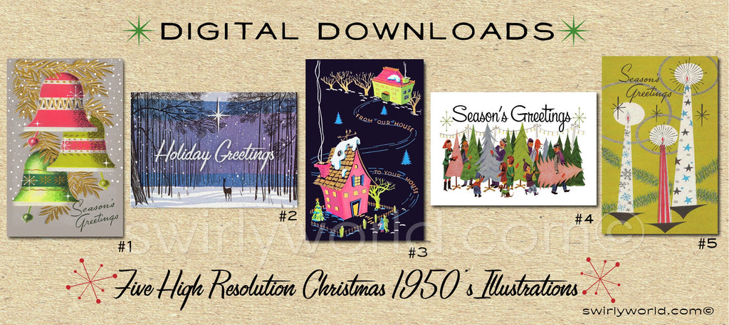 DIGITAL Vintage Christmas Card Bundle. 1950's Style Holiday Designs. Retro Vintage Fifties Style Christmas Card Designs. 1960s Christmas