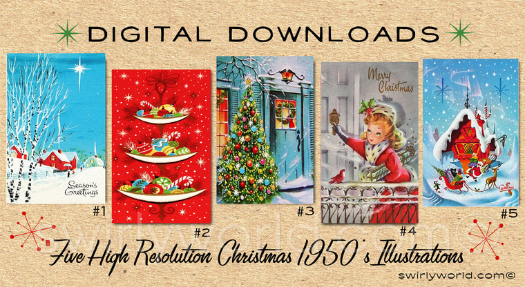 DIGITAL Vintage Christmas Card Bundle. 1950's Style Holiday Designs. Retro Vintage Fifties Style Christmas Card Designs. 1950s House