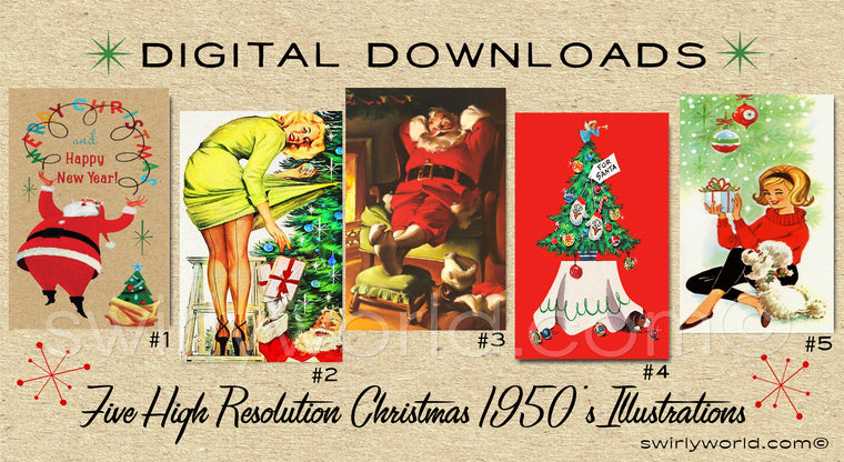 DIGITAL Vintage Christmas Card Bundle. 1950's Style Holiday Designs. Retro Vintage Fifties Style Christmas Card Designs. 1950s Santa Claus