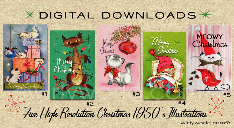 DIGITAL Vintage Cat Christmas Card Bundle. 1950's Style Meowy Christmas. Retro Vintage Fifties Cat Christmas  Designs. 1950s Kitten