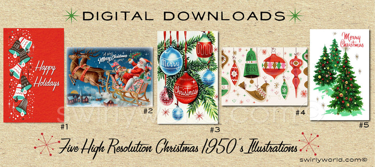 DIGITAL Vintage Christmas Card Bundle. 1950's Style Holiday Designs. Retro Vintage Fifties Style Christmas Card Designs. 1950s Santa Claus