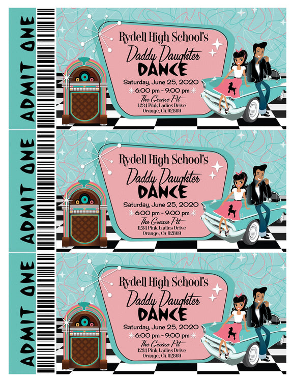 Digital 1950s Pink Ladies Grease Theme Father Daughter Sock Hop Dance Ticket