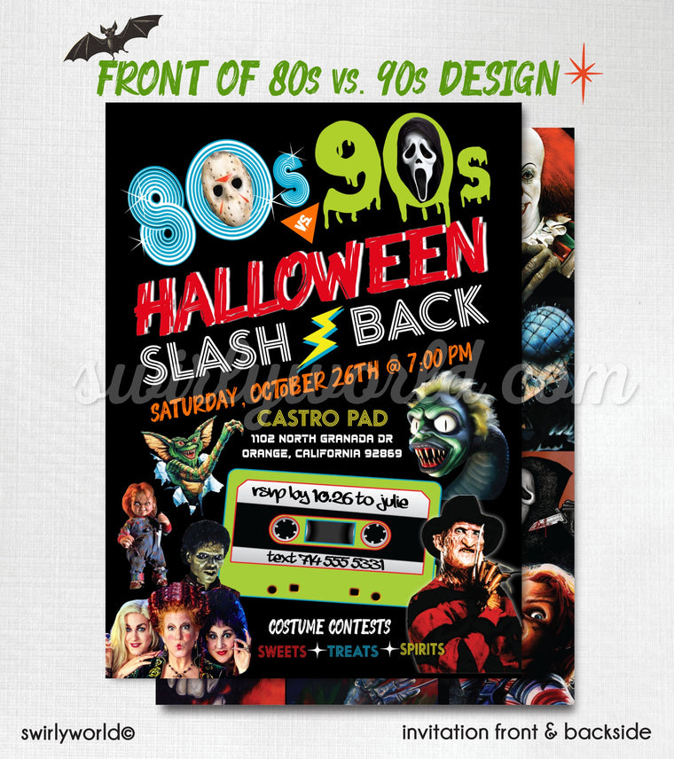 DIGITAL 80s vs 90s Slash Back Halloween Invitations, Beetlejuice, Thriller, Freddy, Hocus Pocus, Ghostface, Gremlins, Chuckie, Costume Party