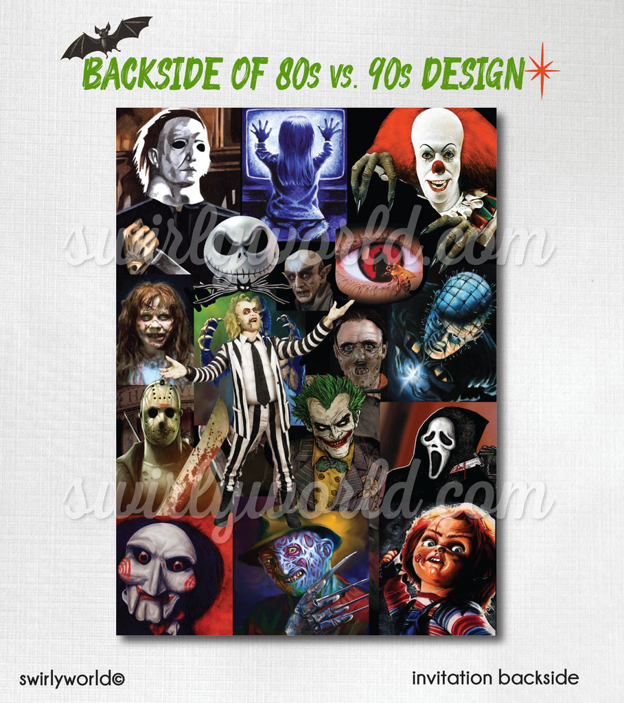 DIGITAL 80s vs 90s Slash Back Halloween Invitations, Beetlejuice, Thriller, Freddy, Hocus Pocus, Ghostface, Gremlins, Chuckie, Costume Party