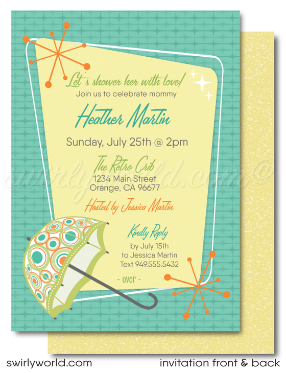 Celebrate your little one with our Vintage 1950s-1960s Mid-Century Modern Baby Shower Invitation Set! 🌟 Featuring atomic starbursts and MCM umbrella in retro colors. Includes invitations, thank you cards, and envelopes. Easily customizable with Corjl. Perfect for a stylish, gender-neutral retro-themed celebration! 🎉✨