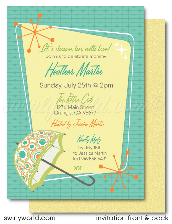 Celebrate your little one with our Vintage 1950s-1960s Mid-Century Modern Baby Shower Invitation Set! 🌟 Featuring atomic starbursts and MCM umbrella in retro colors. Includes invitations, thank you cards, and envelopes. Easily customizable with Corjl. Perfect for a stylish, gender-neutral retro-themed celebration! 🎉✨